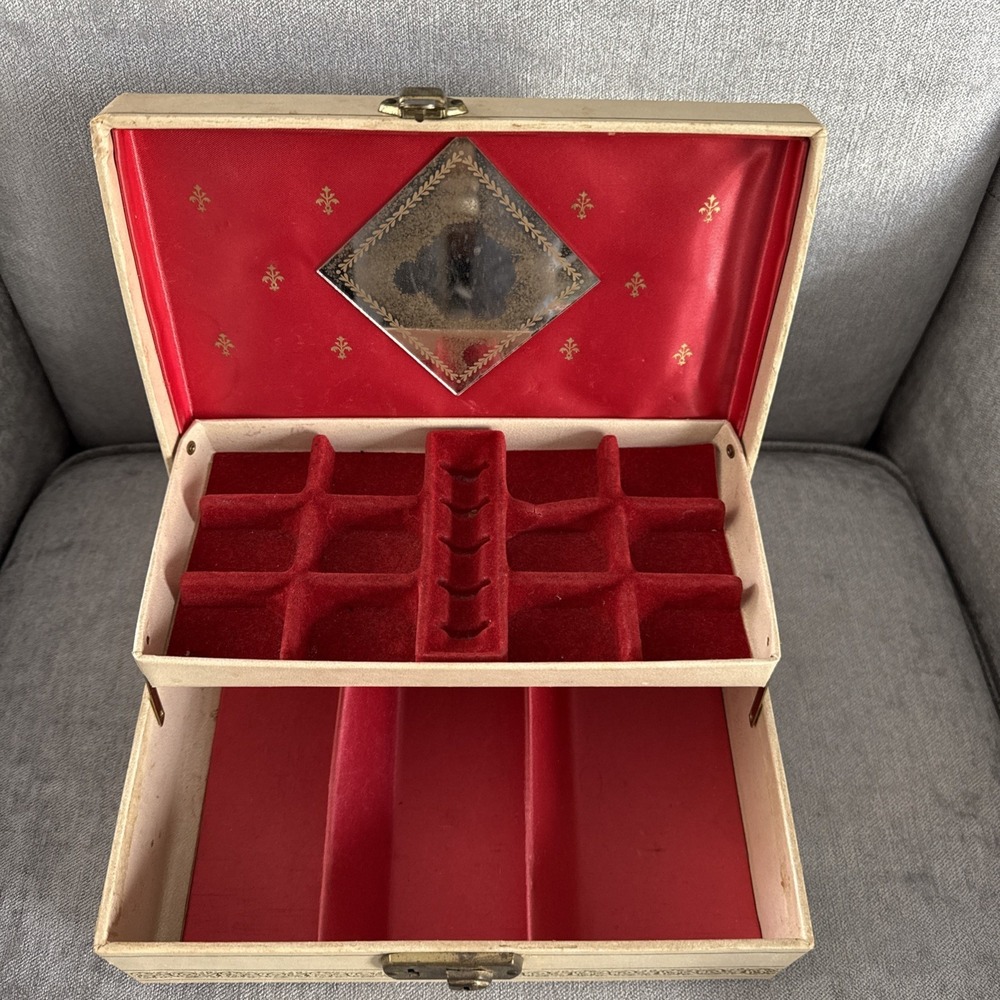 Vintage Mid-Century Cream Jewelry Box red Interior 1950s Treasure
